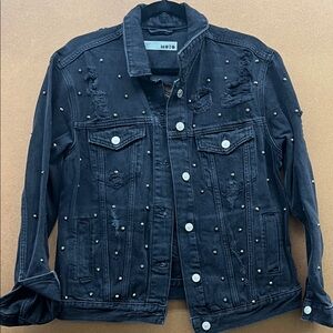 Topshop Black Pearl-Studded Denim Jacket